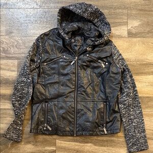 Women's Leather Black and Gray Hooded Jacket